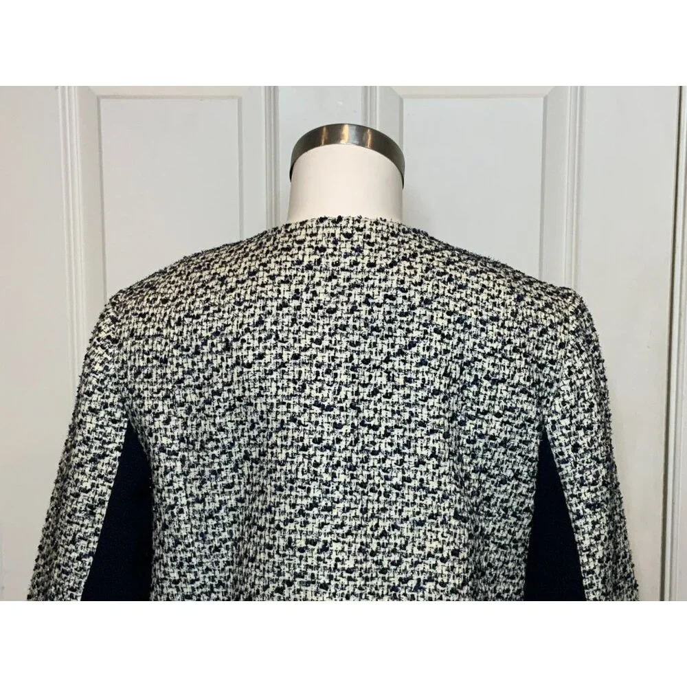 Tory Burch Lucille Metallic Tweed White & Navy Blue Wool Jacket, Size 14